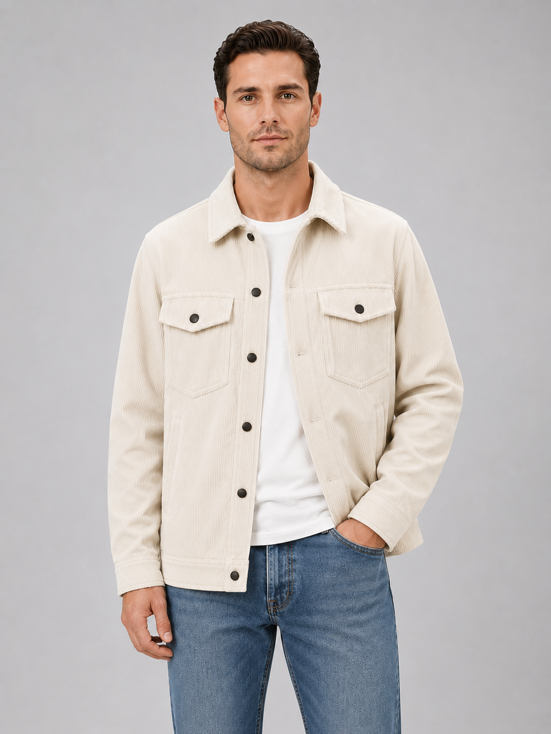 Men's corduroy overshirt jacket showing spread collar and chest flap pockets
