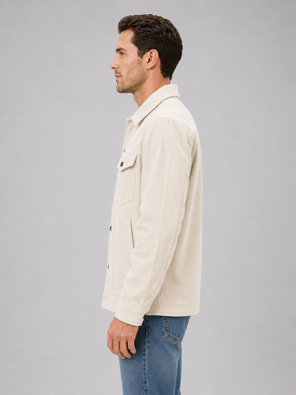 Men's corduroy overshirt jacket worn open over knitwear