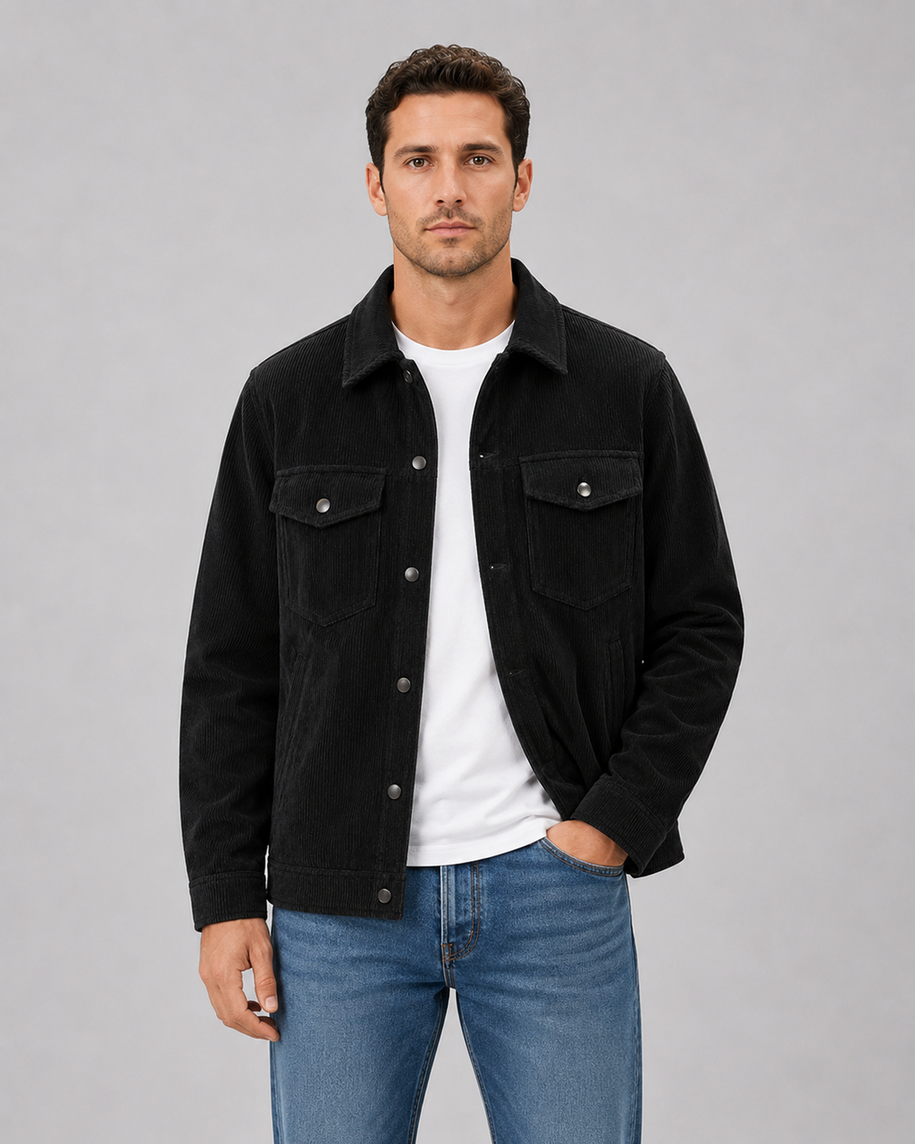 Men's corduroy overshirt jacket detail showing ribbed corduroy texture and buttons