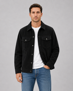 Men's corduroy overshirt jacket detail showing ribbed corduroy texture and buttons