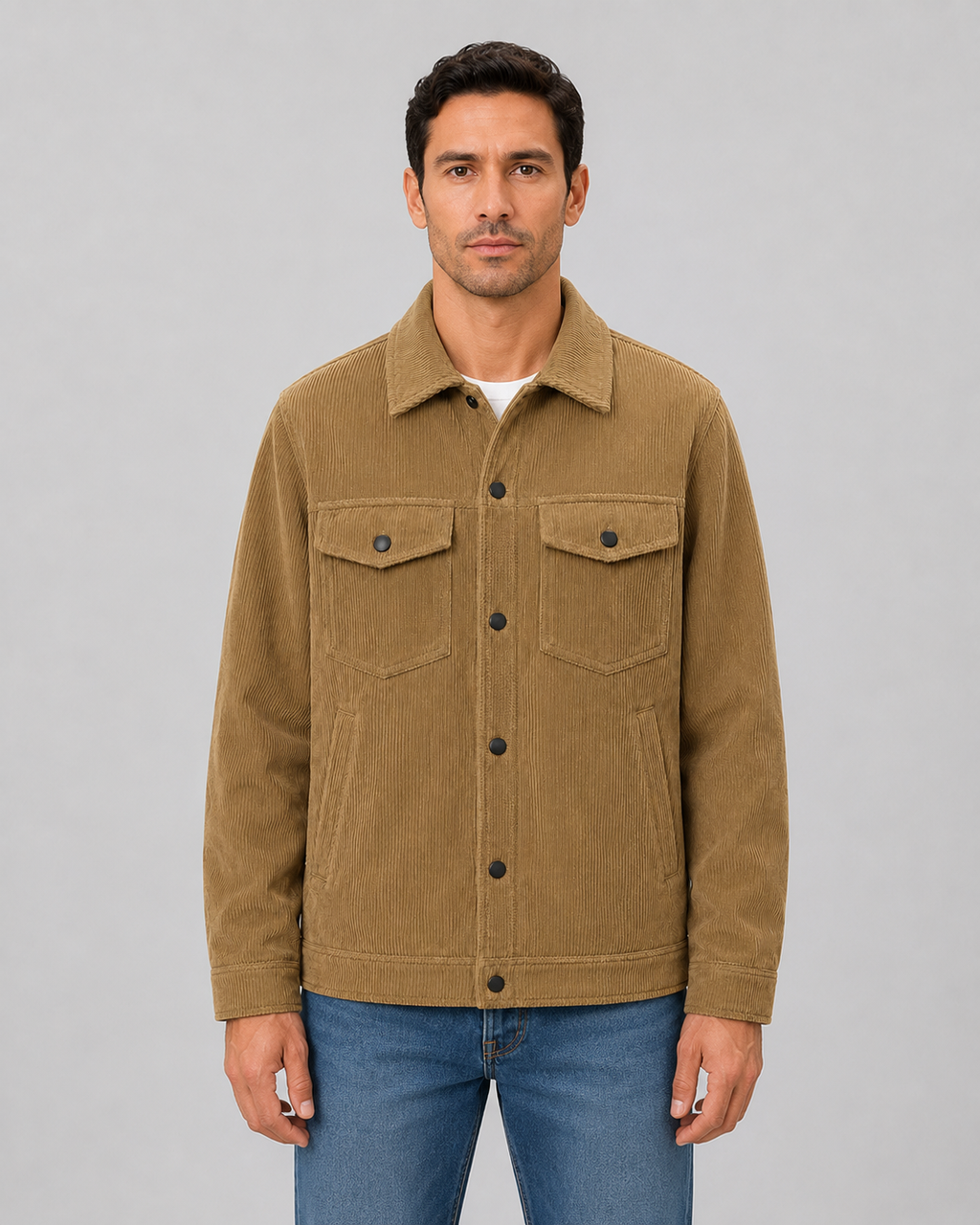 Men's corduroy overshirt jacket shown in an alternative colourway on model