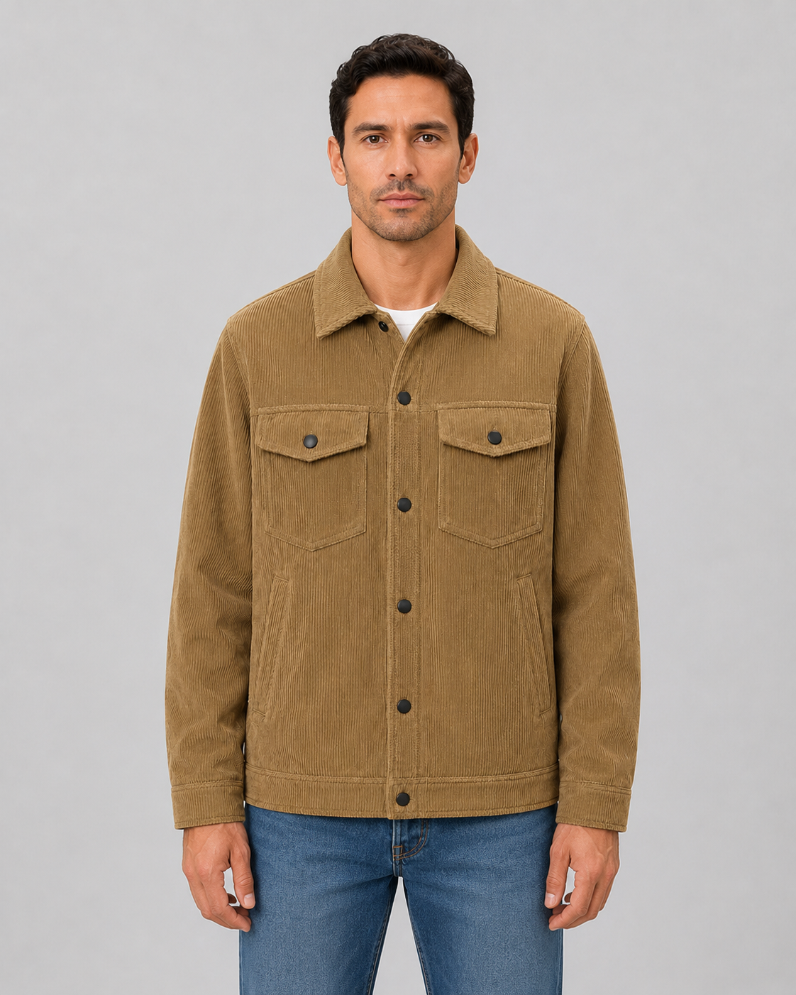 Men's corduroy overshirt jacket shown in an alternative colourway on model