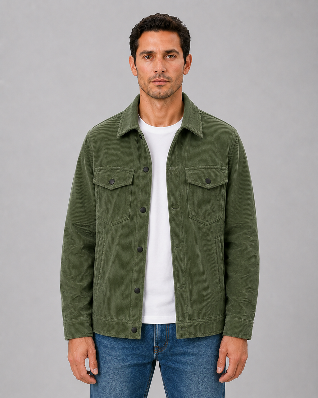 Men's corduroy overshirt jacket back view showing overall silhouette