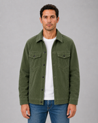 Men's corduroy overshirt jacket back view showing overall silhouette