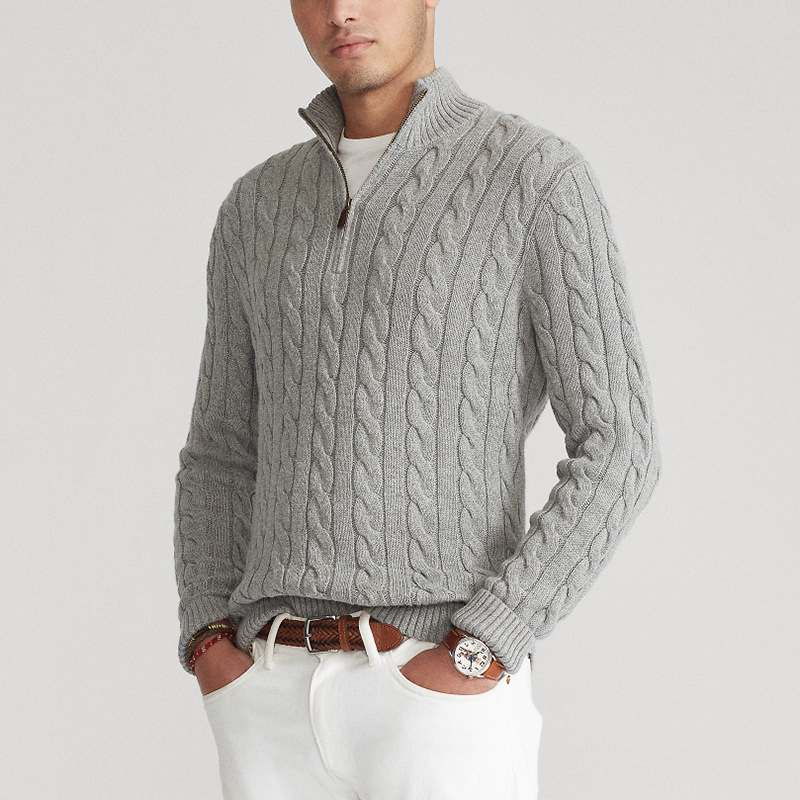 Men's cotton cable-knit half-zip sweater, front view