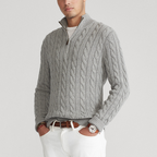 Men's cotton cable-knit half-zip sweater, front view