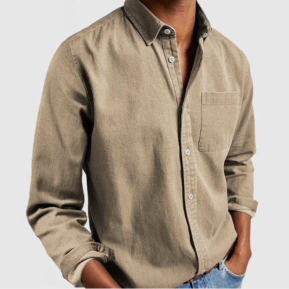 Beige men's denim button-up shirt