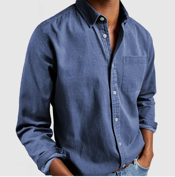 Blue men's denim button-up shirt