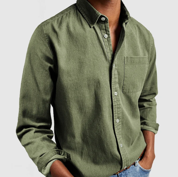 Green men's denim button-up shirt