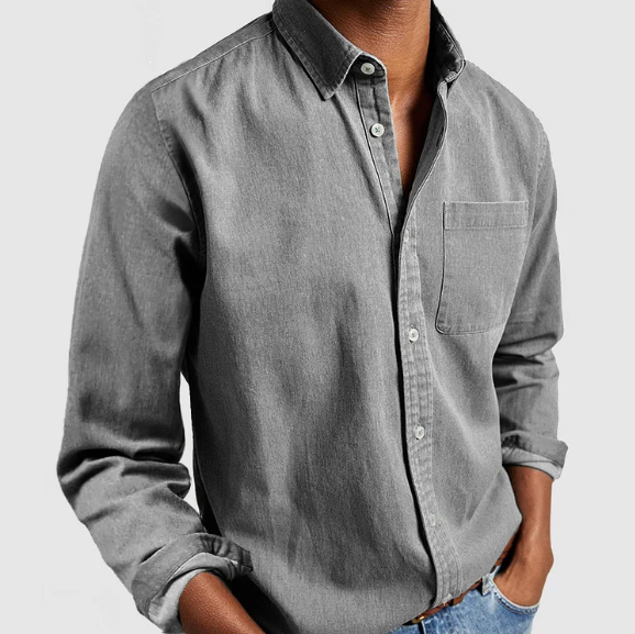 Grey men's denim button-up shirt