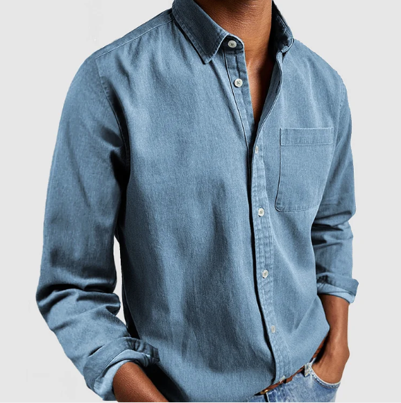 Light blue men's denim button-up shirt