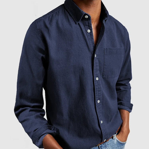 Navy blue men's denim button-up shirt