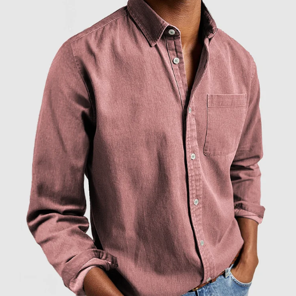 Pink men's denim button-up shirt
