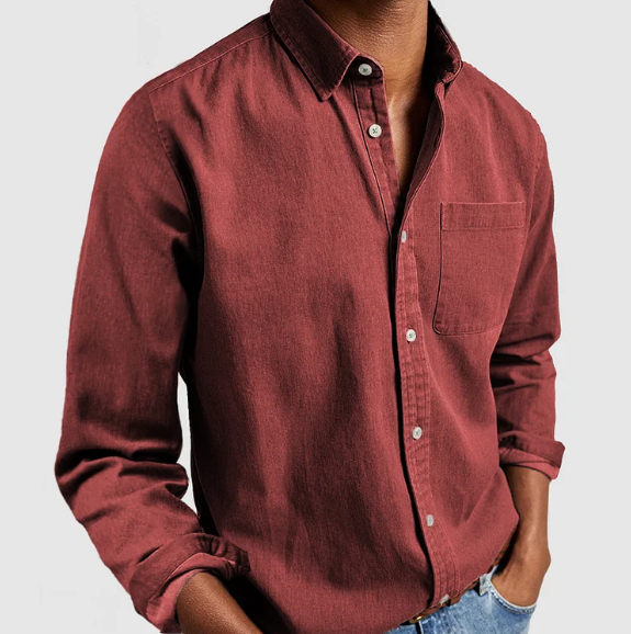 Red men's denim button-up shirt