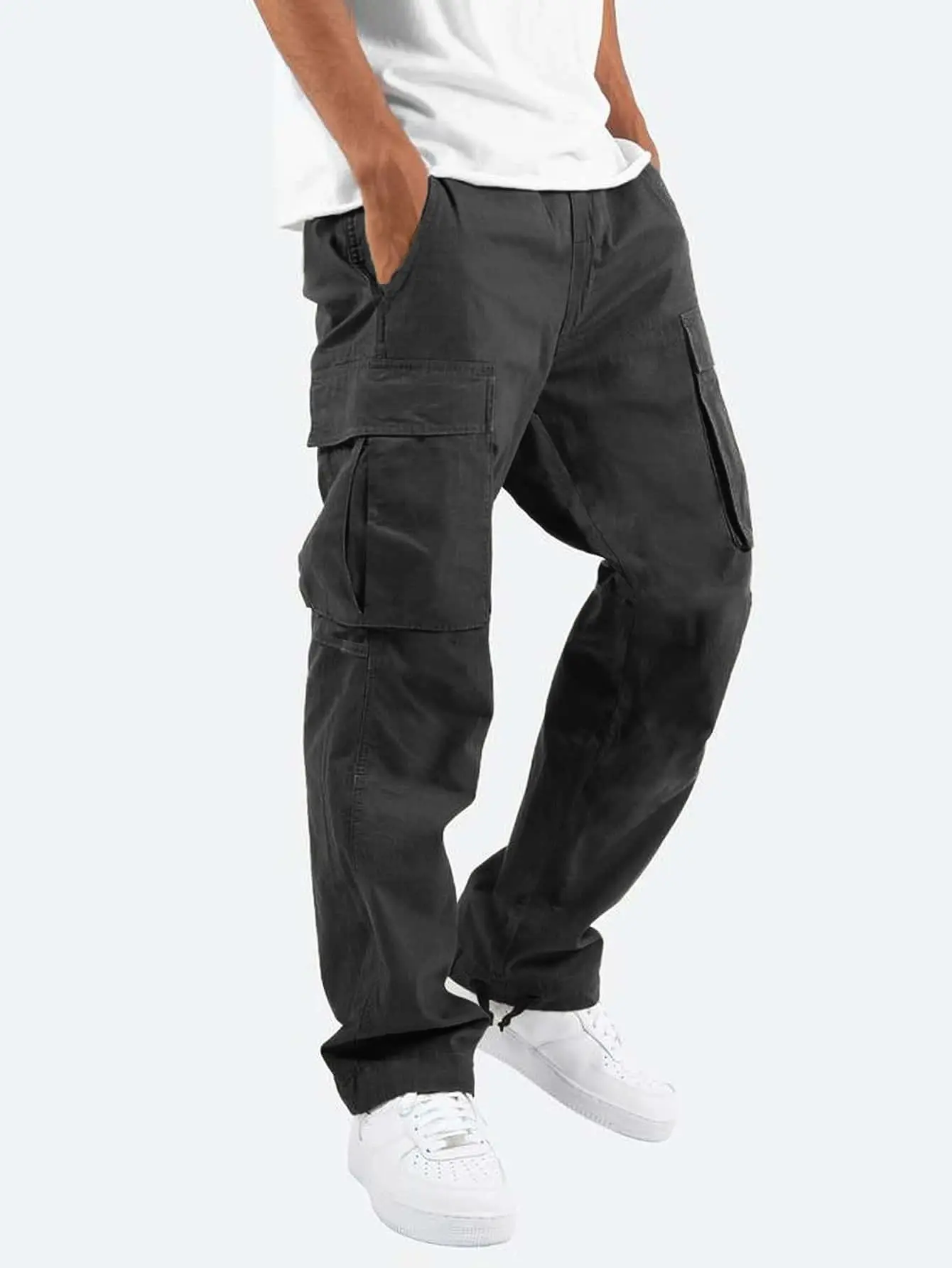 Men's drawstring cargo trousers in black