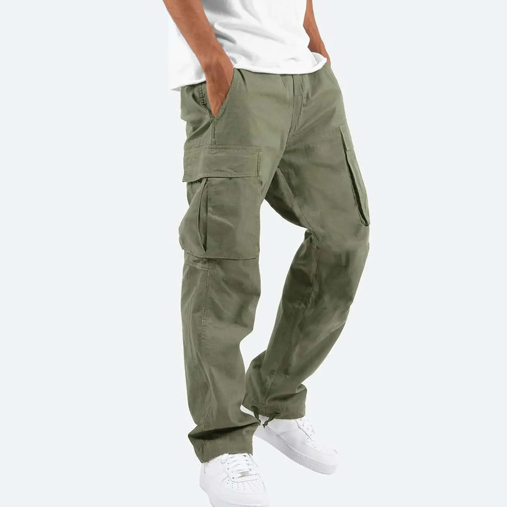 Men's drawstring cargo trousers in olive green