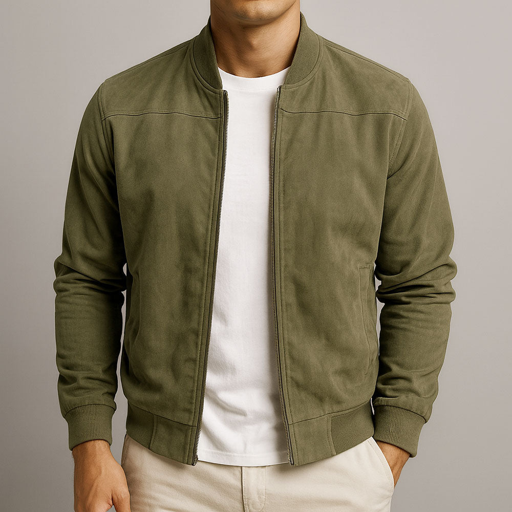 Army green men's faux suede jacket front view
