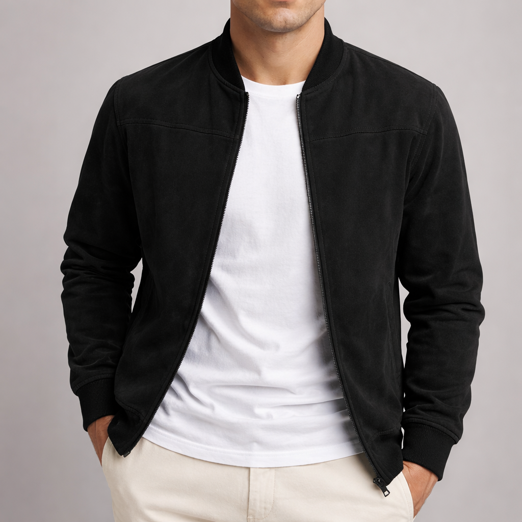Black men's faux suede jacket front view