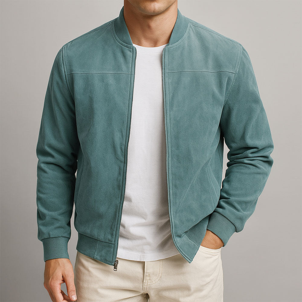 Blue men's faux suede jacket front view