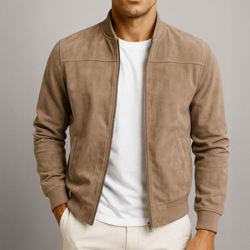 Brown men's faux suede jacket front view