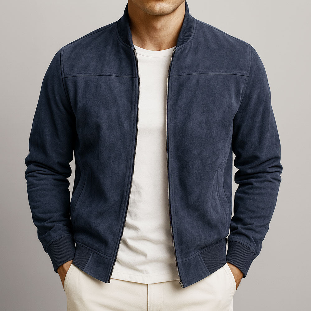 Navy blue men's faux suede jacket front view