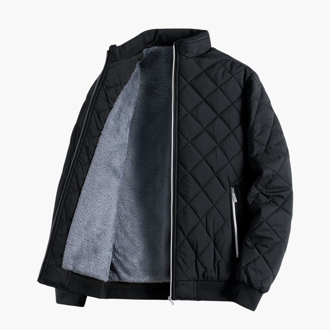 Men's fleece-lined quilted jacket with diamond quilting and stand collar, front view