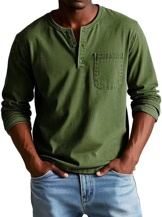 Army green men's Henley long-sleeve top
