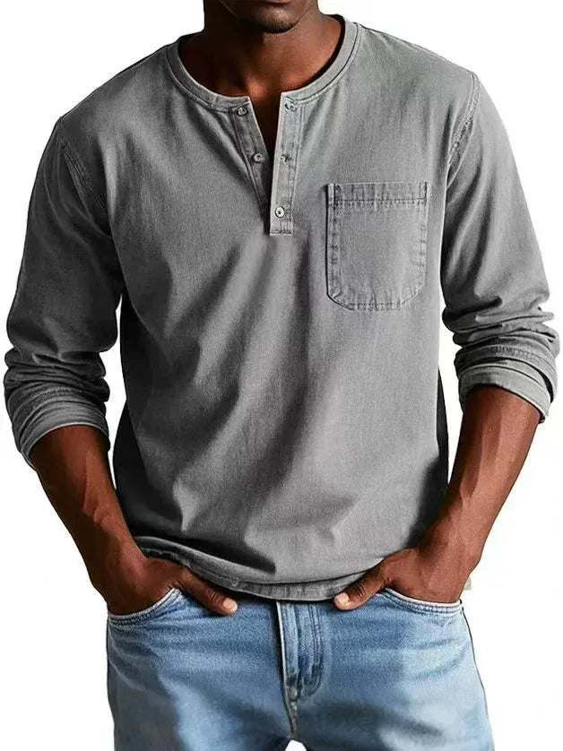 Grey men's Henley long-sleeve top