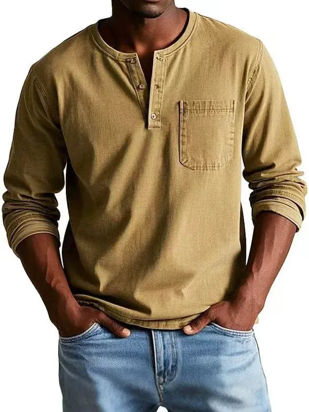 Khaki men's Henley long-sleeve top