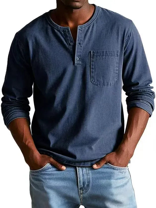 Navy blue men's Henley long-sleeve top