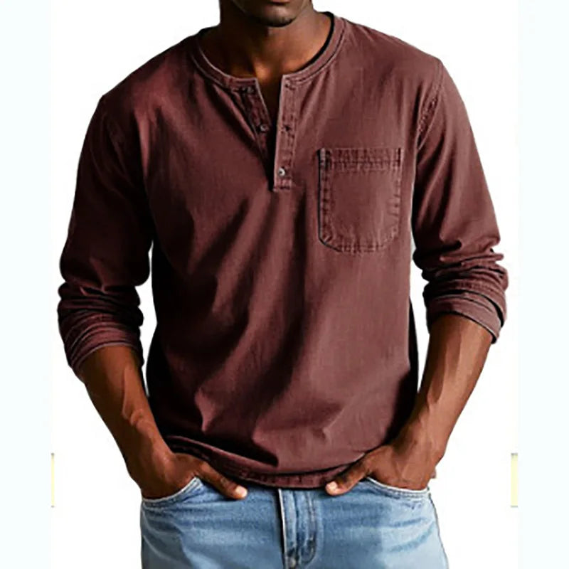 Red men's Henley long-sleeve top