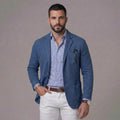 Blue men's linen blazer with relaxed unstructured fit