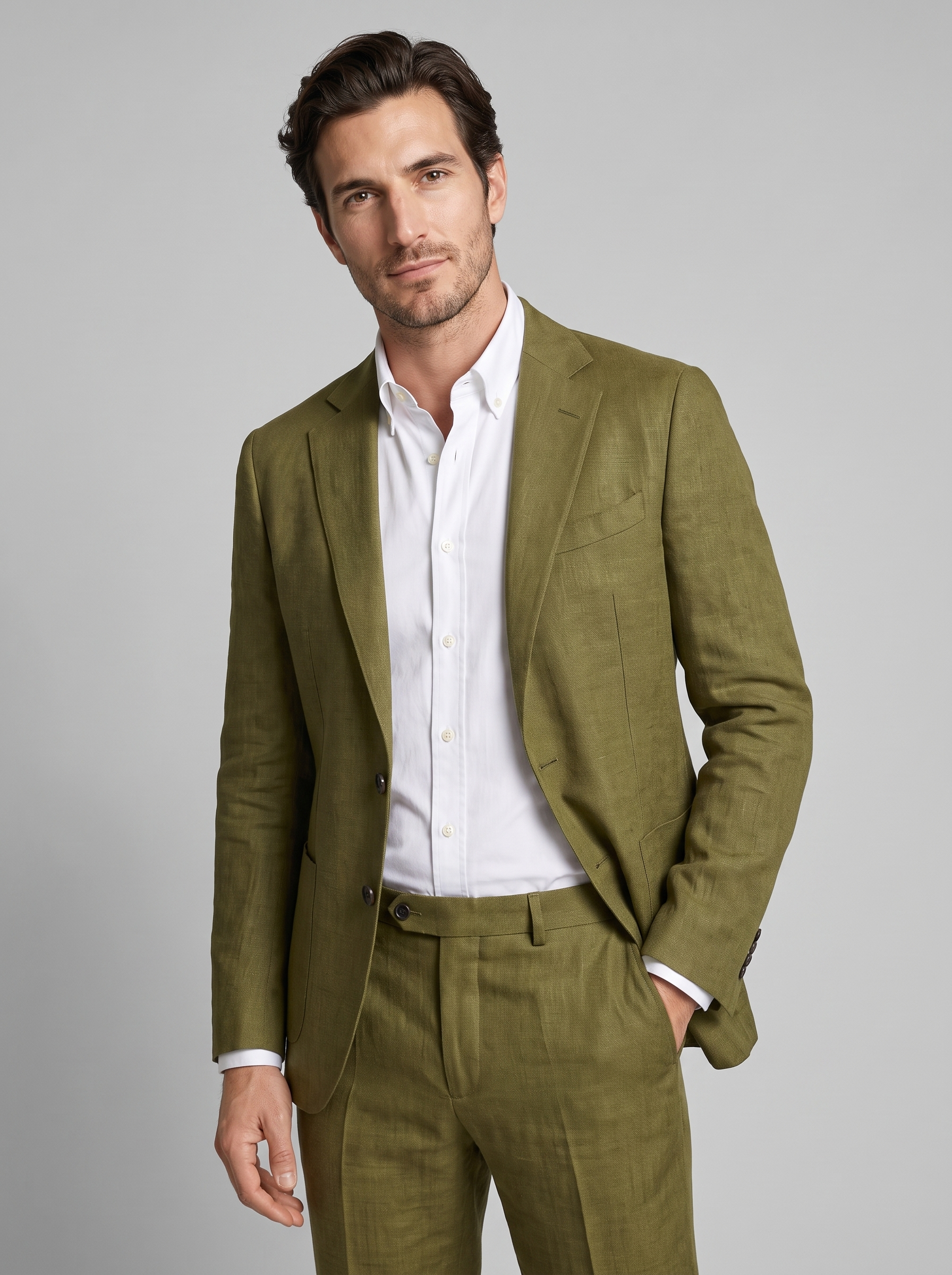 Men's linen wedding suit slim fit - Olive