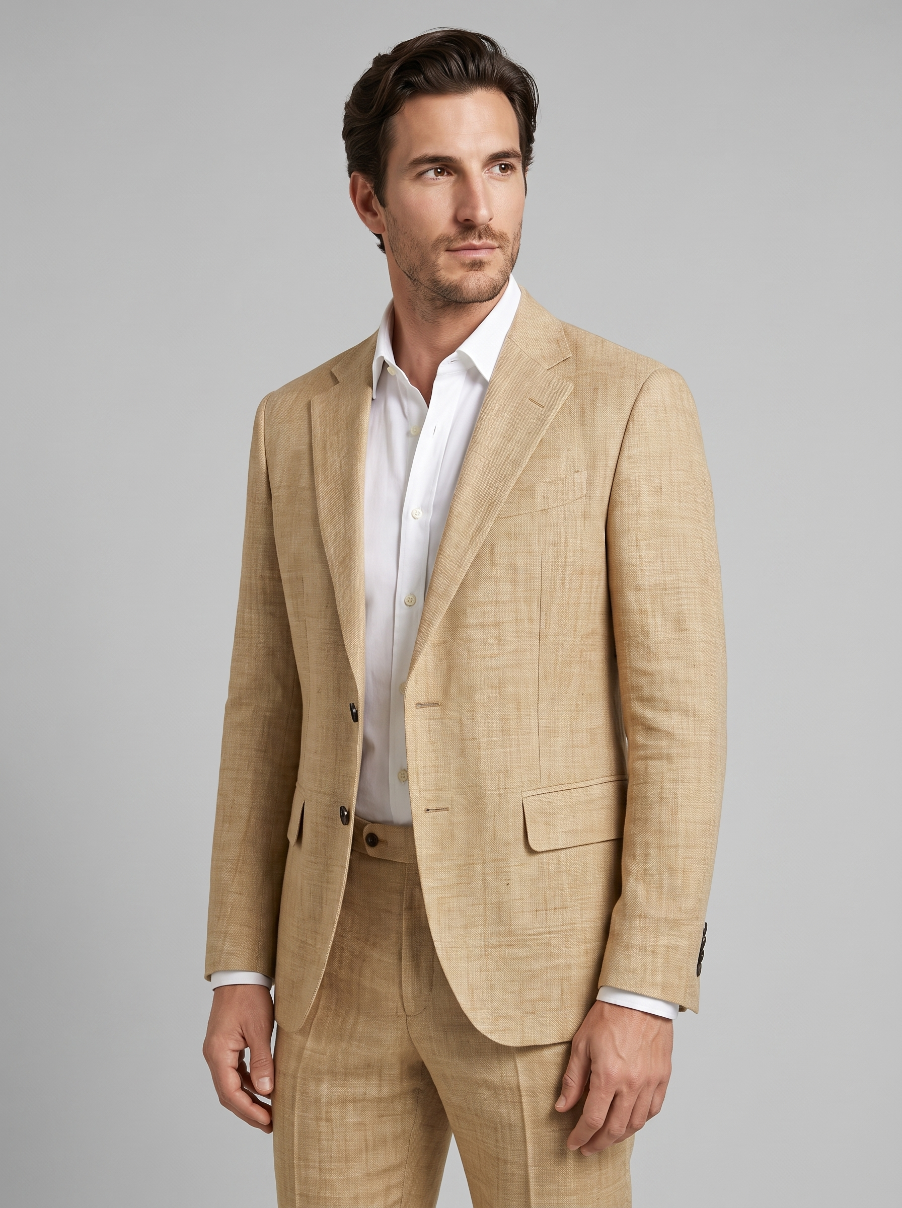 Men's linen wedding suit slim fit - Khaki