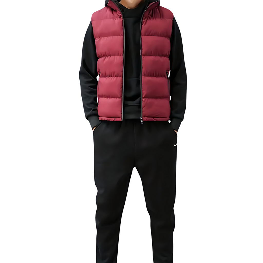 Men's padded quilted gilet with high collar, front view