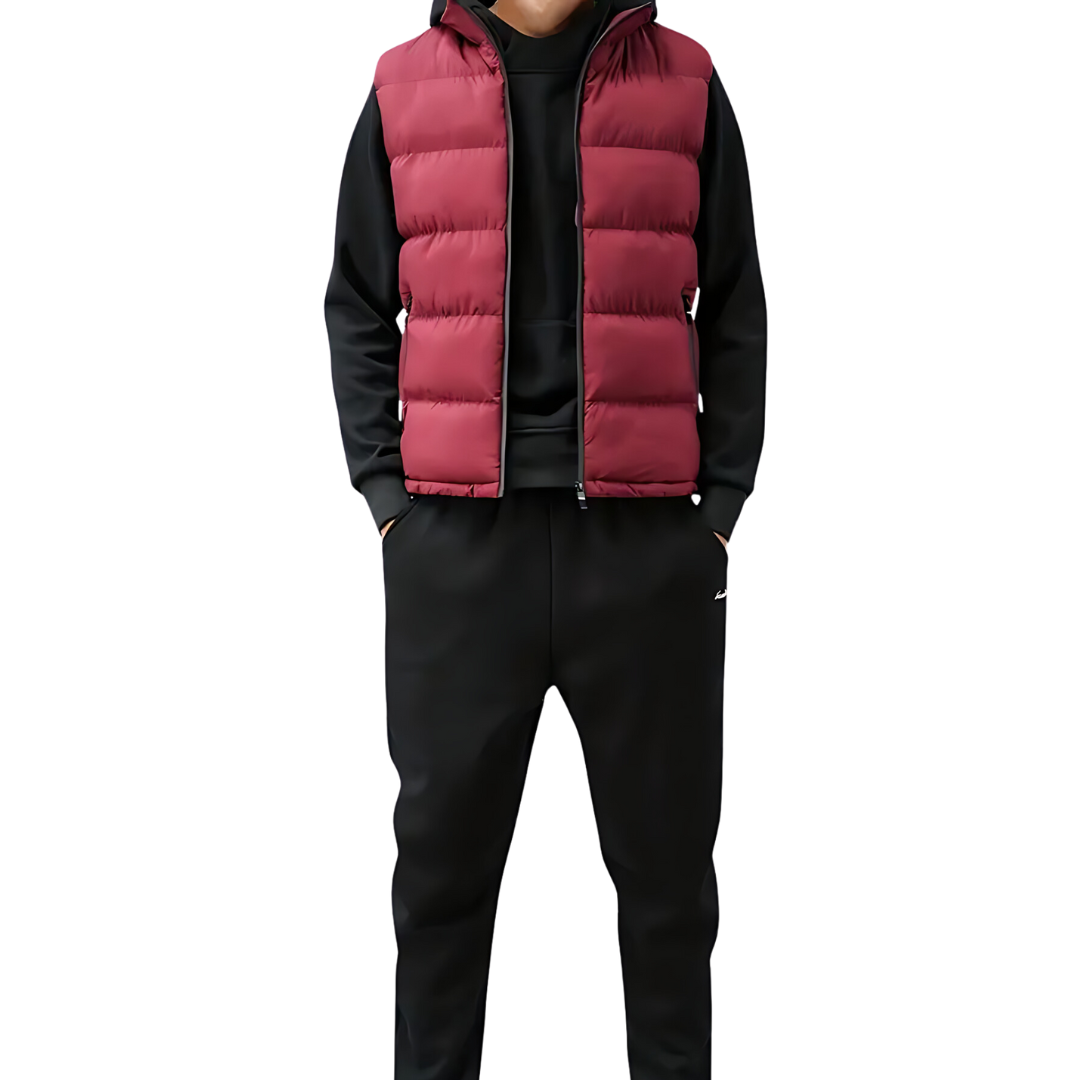 Men's padded quilted gilet with high collar, front view
