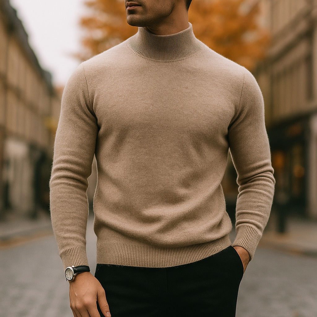 Men's slim-fit ribbed turtleneck sweater, back view