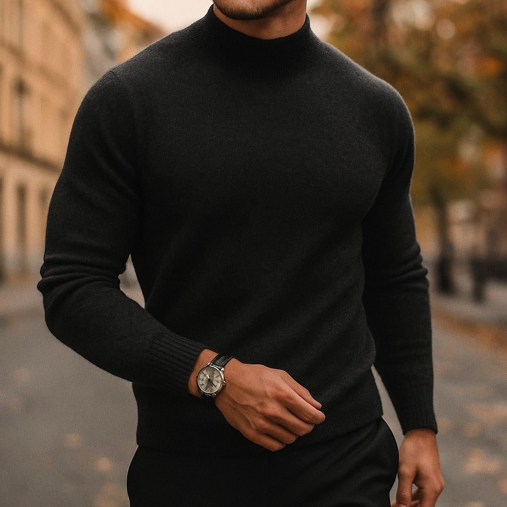 Men's slim-fit ribbed turtleneck sweater, front view