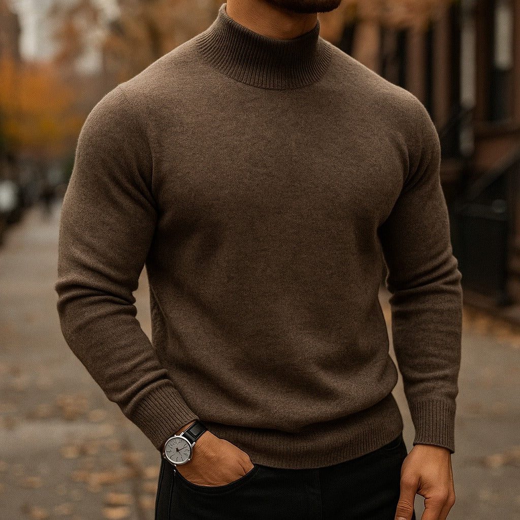 Men's slim-fit ribbed turtleneck sweater shown on a model
