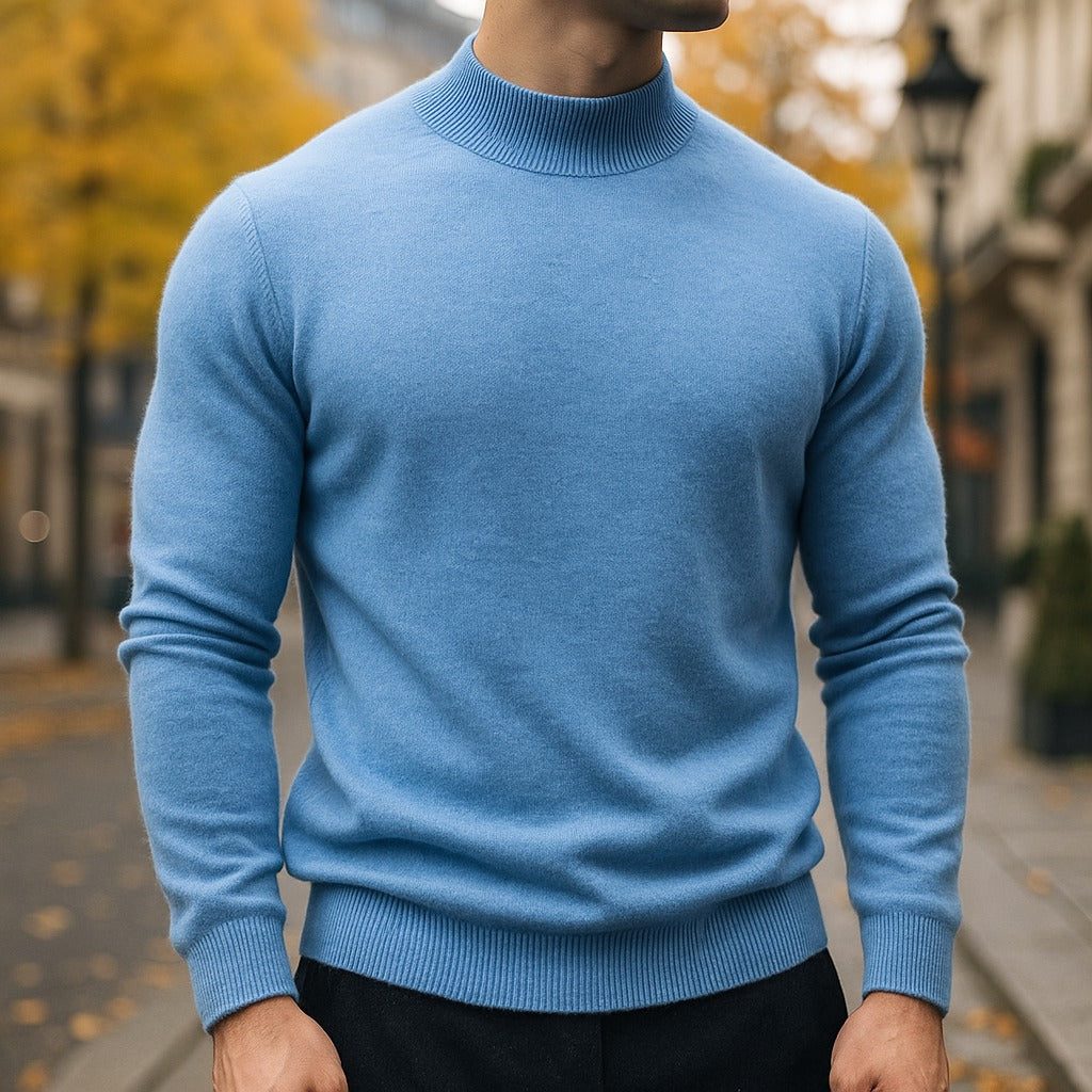 Men's slim-fit ribbed turtleneck sweater, side view