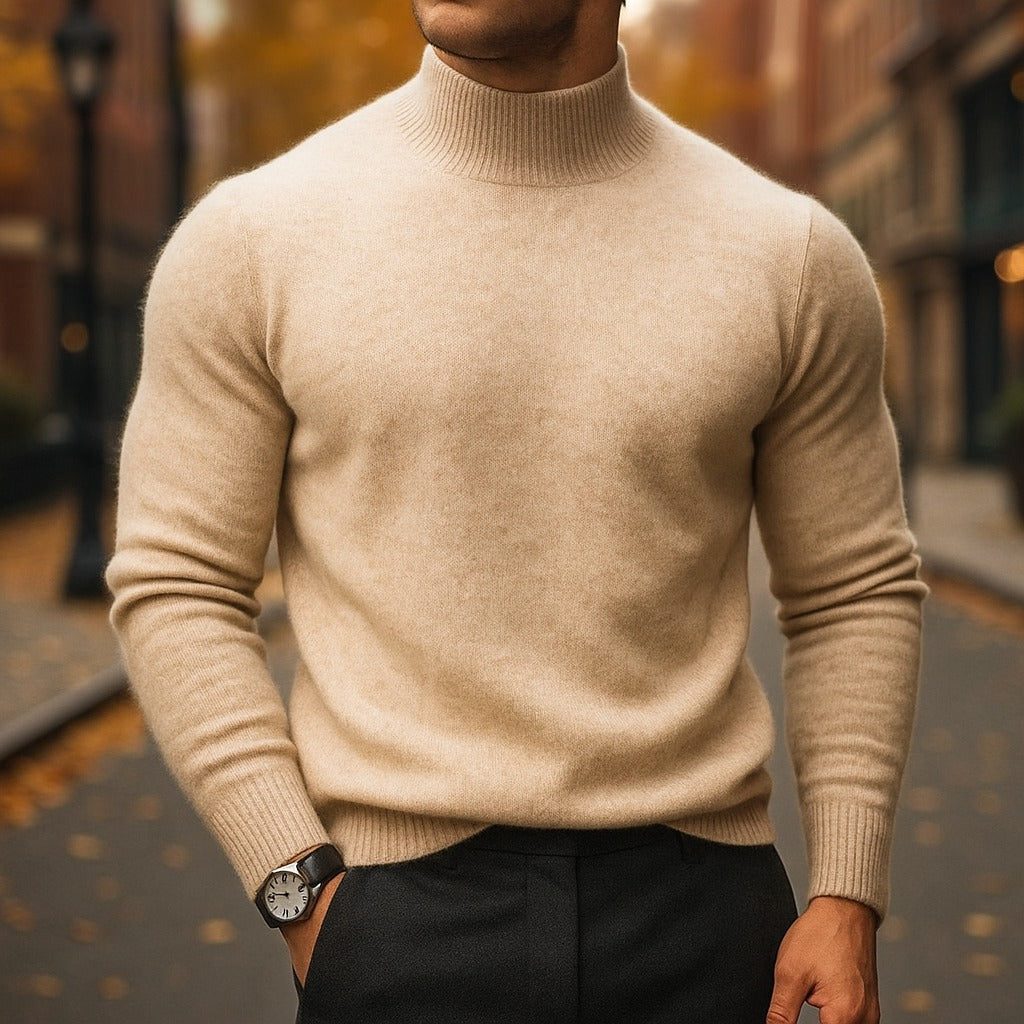 Men's slim-fit ribbed turtleneck sweater worn styled
