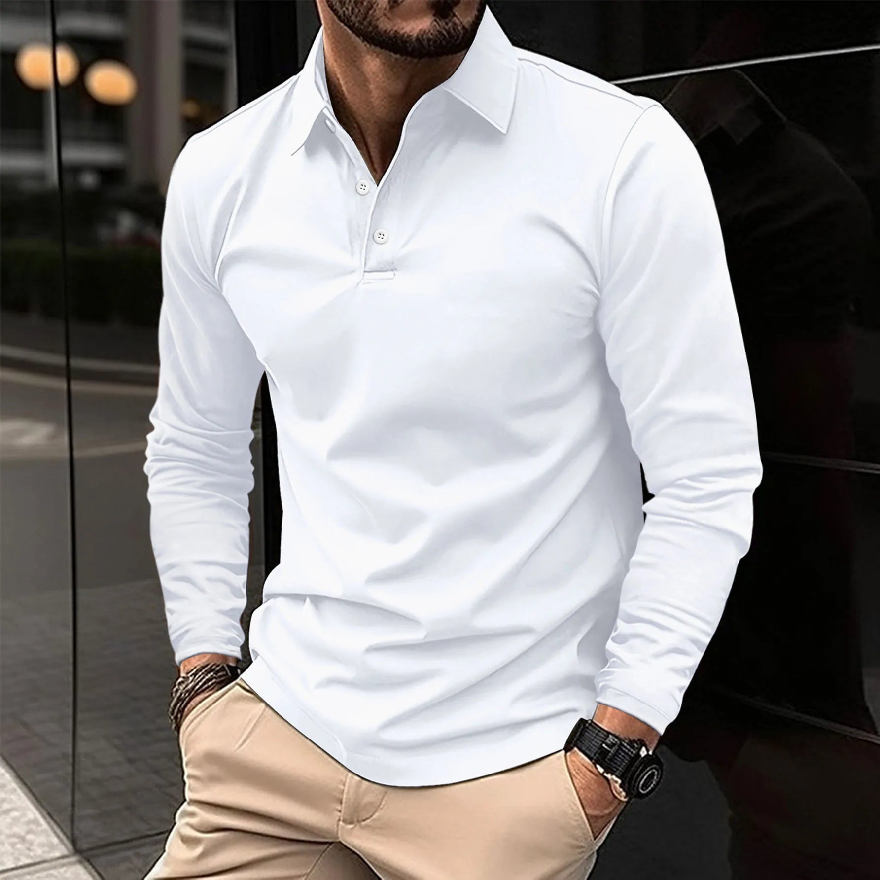 Man wearing a slim-fit long sleeve polo shirt