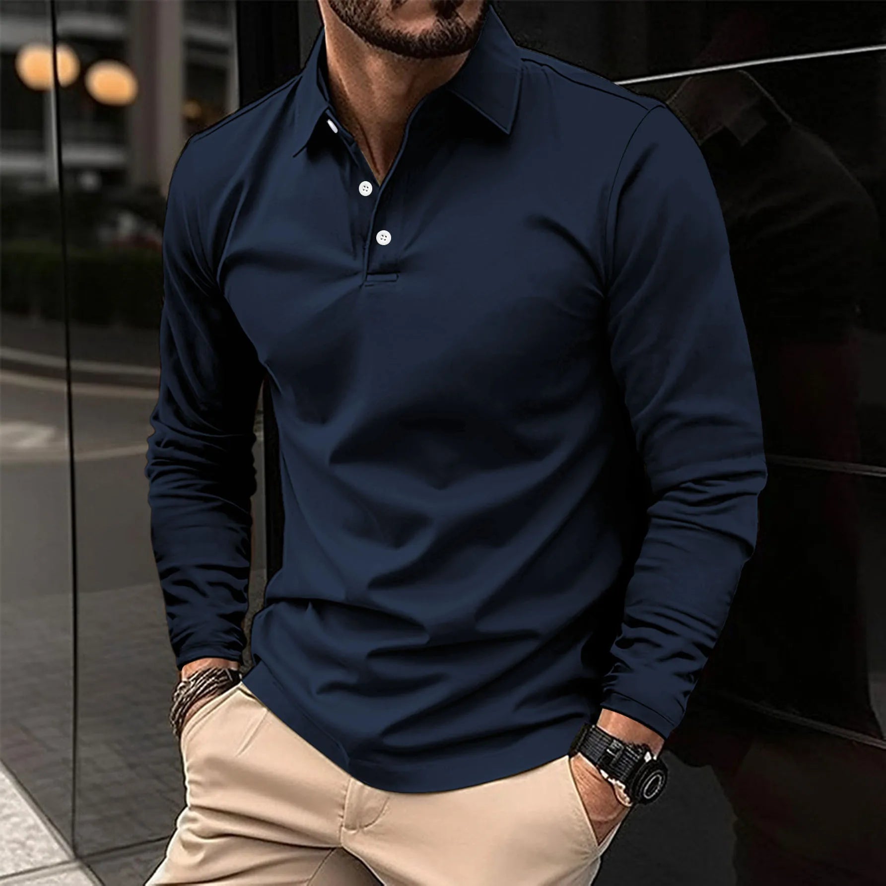 Slim-fit long sleeve polo shirt front view