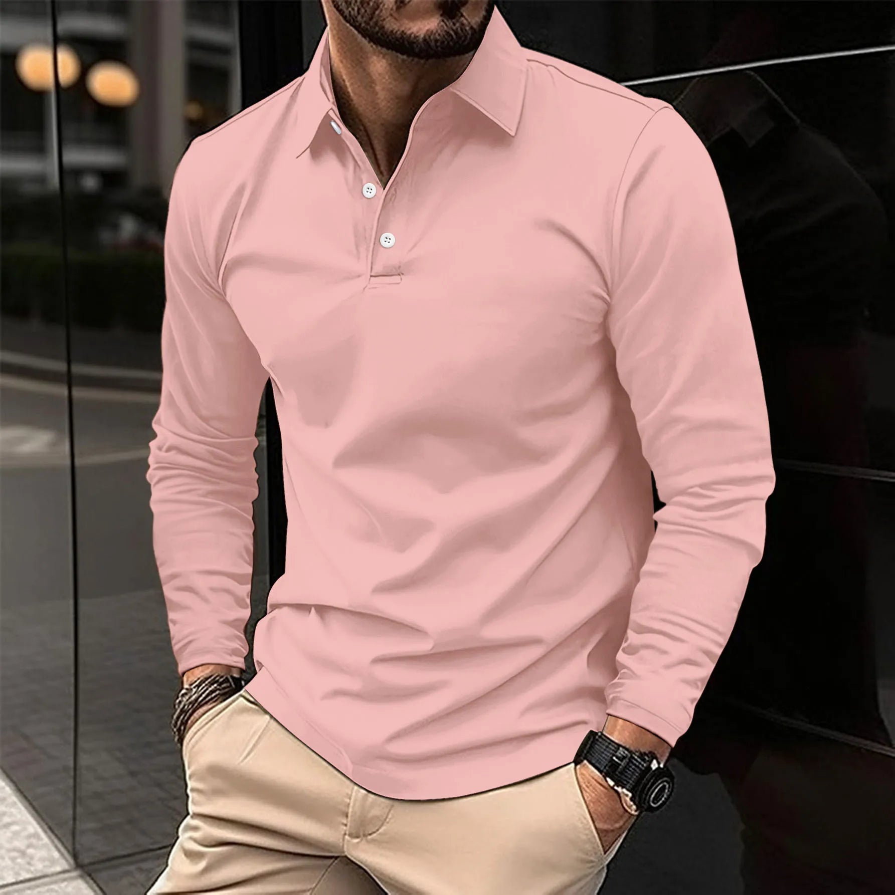 Slim-fit long sleeve polo shirt collar and button placket detail