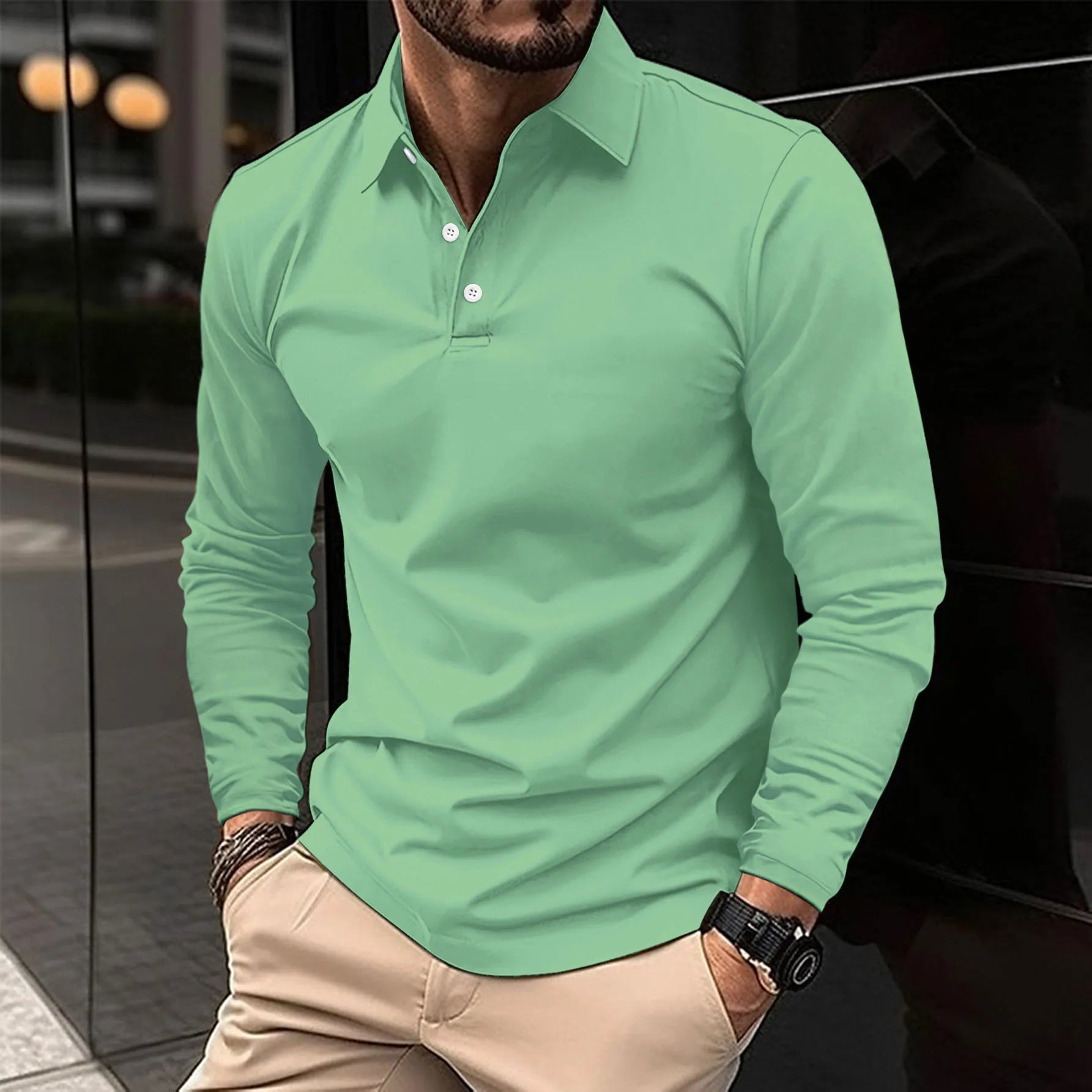 Slim-fit long sleeve polo shirt back view