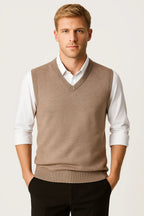 Beige men's V-neck sleeveless sweater vest