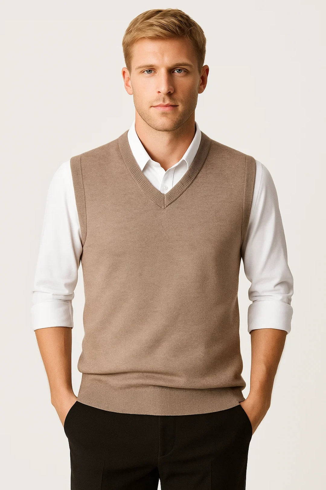 Beige men's V-neck sleeveless sweater vest