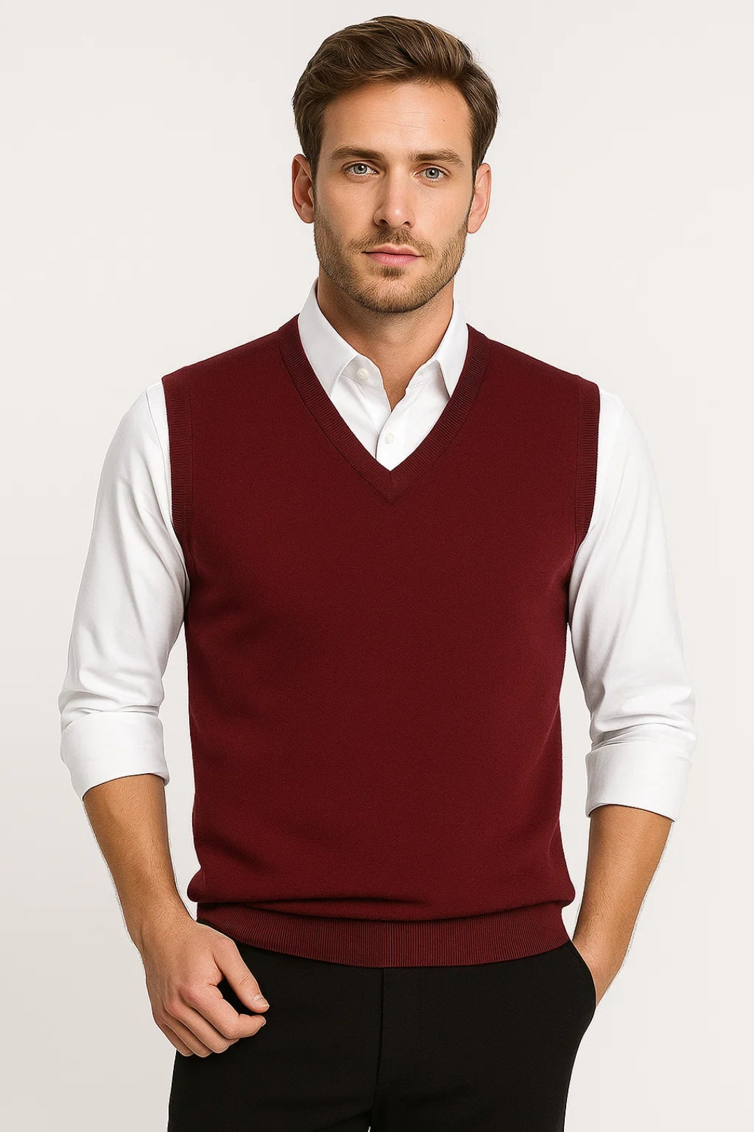 Burgundy men's V-neck sleeveless sweater vest