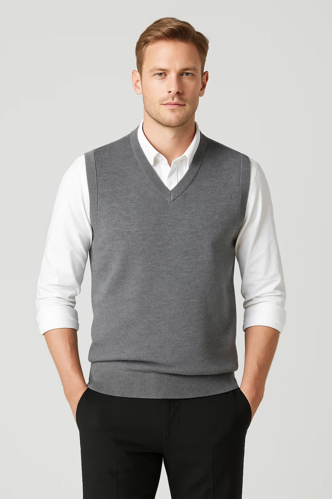 Grey men's V-neck sleeveless sweater vest