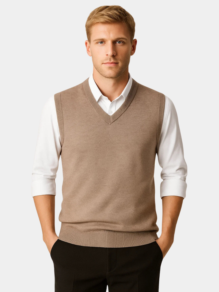 Man wearing a V-neck sleeveless sweater vest